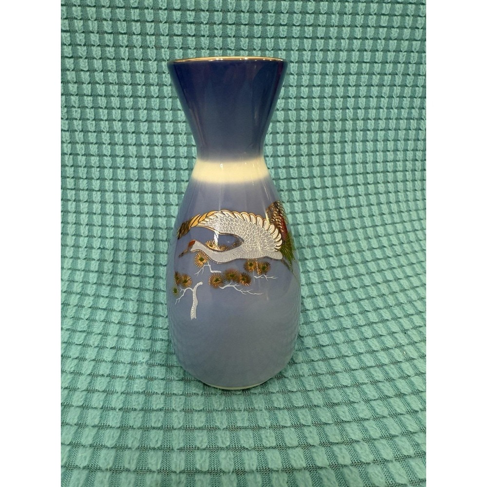 Vintage Japanese Kutani Blue & White CRANE Bonsai Porcelain SAKE Decanter Bottle